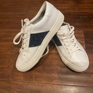 Tory Burch White and Navy Glitter Sneakers